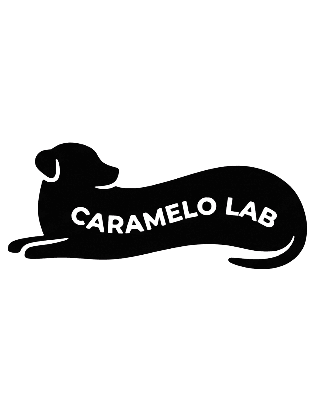 Black silhouette of a dog lying down with white text CARAMELO LAB inside.