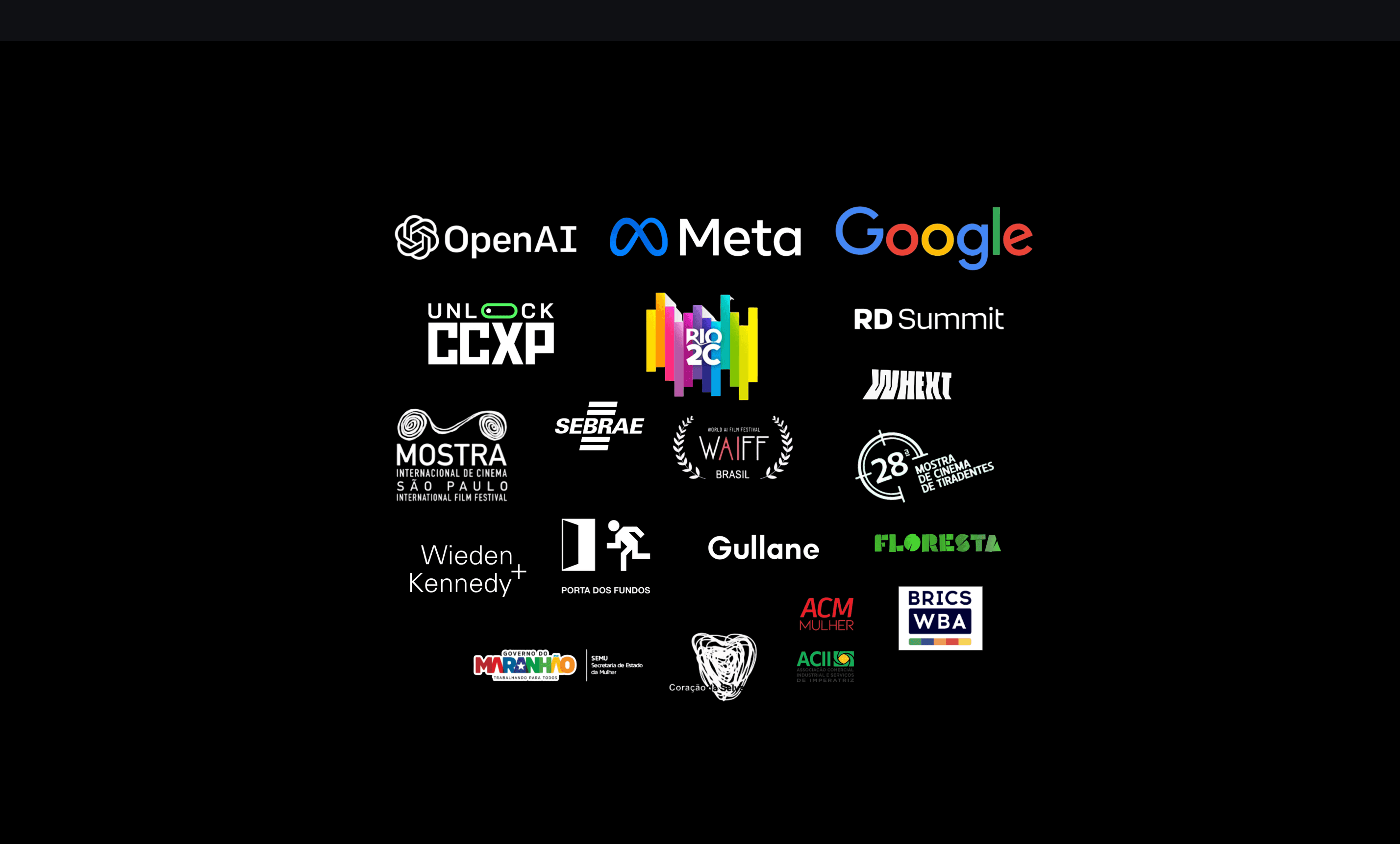 A collection of logos including OpenAI, Meta, Google, and several Brazilian media and film organizations.