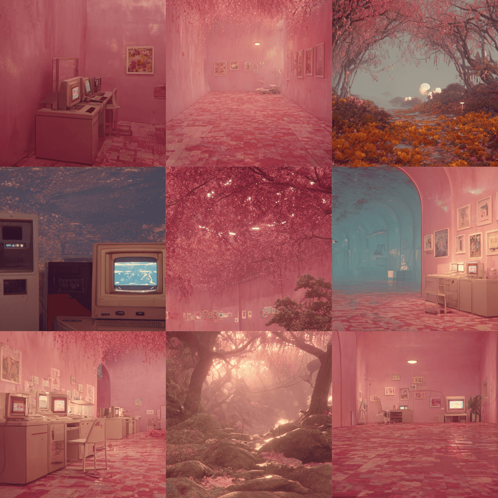 Grid of nine surreal pink scenes featuring retro computers, cherry blossoms, and ethereal dreamlike environments.