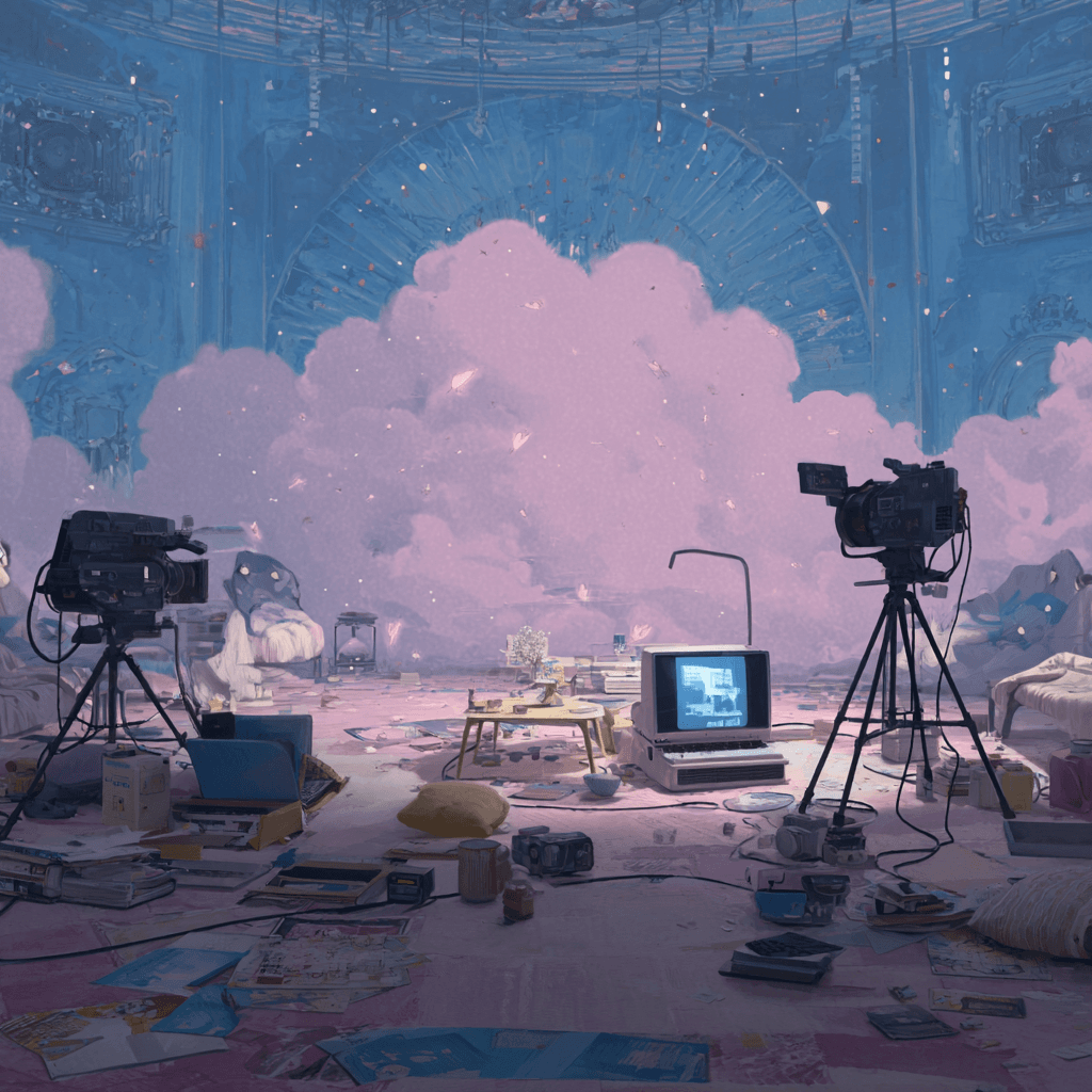 Surreal blue room with video cameras and a monitor amidst large, fluffy pink clouds.
