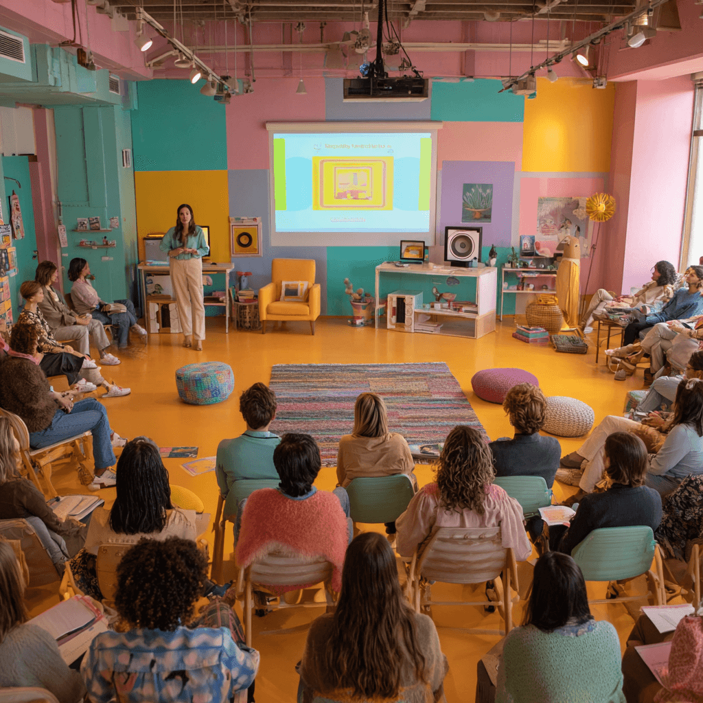 Speaker addresses a seated audience in a vibrant, multi-colored room during a creative workshop.