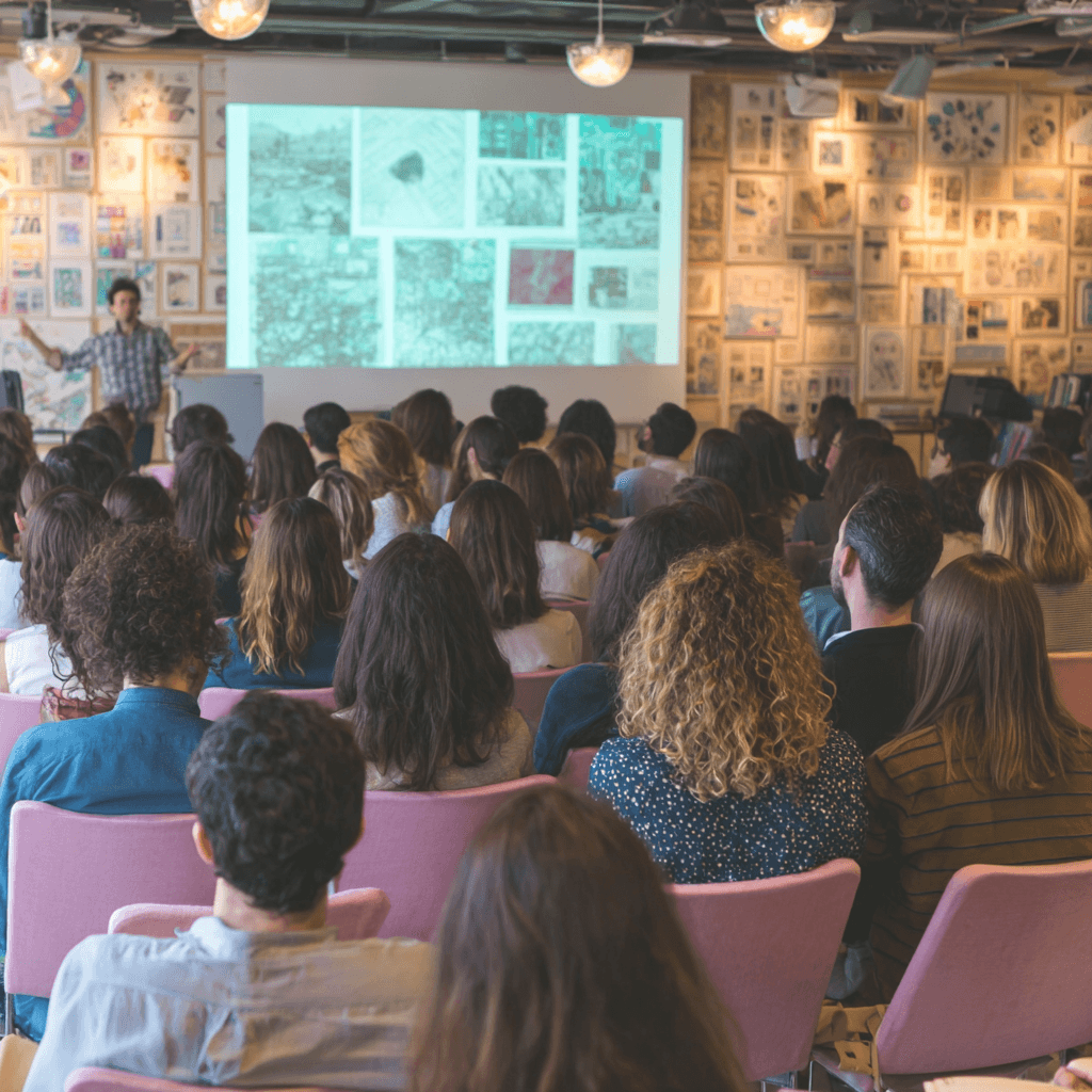 Audience in pink chairs watches a speaker present a grid of images on a large screen.